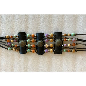 Vintage Womens Black Leather Belt Conch Wooden Beads Boho Hippie